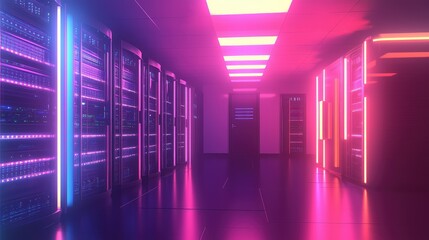 Poster - Futuristic Data Center with Neon Lights and Server Racks at Night