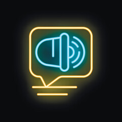 Poster - Neon sign showing blue ringing bell with sound waves inside yellow speech bubble, concept of notification
