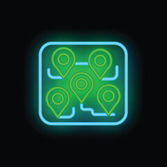 Poster - neon map application showing multiple green gps location markers on a turquoise city grid at night