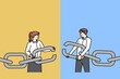 © Elada Vasilyeva/imageBROKER - Businesspeople hold chain with missing link find solution together. Man and woman employee solve business problem together. Teamwork and cooperation concept. illustration