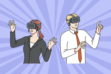 Diverse businesspeople in VR glasses explore new reality surroundings. Man and woman employees in virtual reality headsets use modern technologies at work. Flat illustration