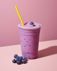 Wall Mural - Fresh fruit shake to go in a plastic cup, milkshake, smoothie, wild berry, blueberry, blueberry, wellness drink, straw, dessert, dessert, AI generated