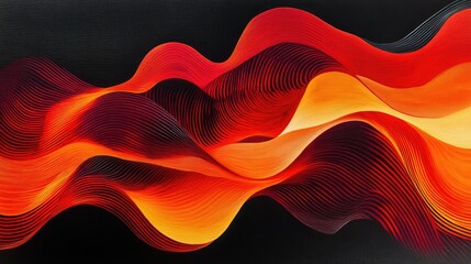 Poster - Vibrant Abstract Waves in Red, Orange, and Yellow Against a Black Background with Intricate Line Patterns and a Dynamic Flowing Design for Artistic Inspiration