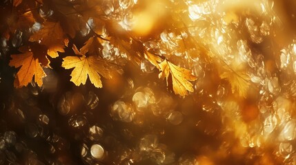 Poster - Warm Golden Autumn Leaves Against a Soft Blurred Background of Bokeh Lights Capturing the Beauty of Fall Nature and Its Tranquil Atmosphere