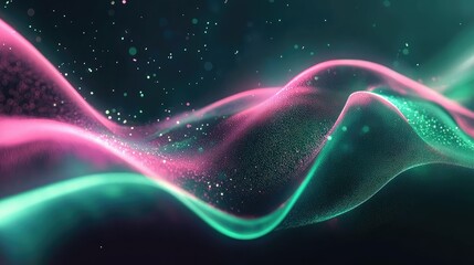 Poster - Abstract Fluid Waves with Glowing Particles in Vibrant Pink and Green Colors, Creating a Stunning Visual Display of Light and Motion in a Digital Environment
