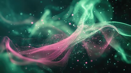 Poster - Ethereal Colorful Abstract Background with Flowing Waves and Glittering Particles in Shades of Green and Pink, Perfect for Creative Projects and Digital Art