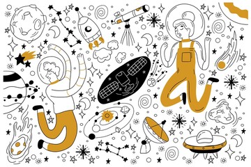 Poster - Space doodle set. Collection of hand drawn sketches templates of people astronauts with spacesuit flying in cosmos among stras and planets with meteors and black holes. Universe or galaxy illustration