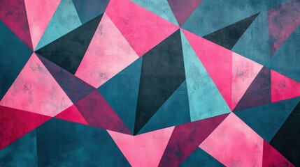 Poster - Abstract Geometric Background with Vivid Pink, Blue, and Teal Triangles in a Modern Artistic Style for Creative Design and Visual Projects