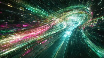 Poster - Abstract digital light trails in vibrant colors creating a mesmerizing and dynamic illusion of speed and movement through a futuristic cityscape environment