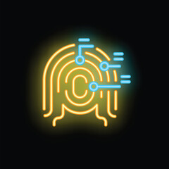 Poster - Neon fingerprint scanner scanning for identity verification with glowing yellow fingerprint and blue data