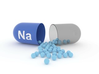 Leinwandbilder - Open capsule with Na Sodium on a white table, food supplement concept, 3d rendering