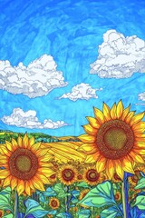 Sticker - Vibrant Sunflower Field Under a Sunny Sky . Children coloring page