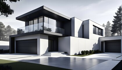 Poster - Rendering of a modern real estate residential house in clean geometric forms in black and white, AI generated