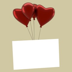 Poster - Six shiny balloons with a blank card on a beige background, vintage color stylized, 3d rendering