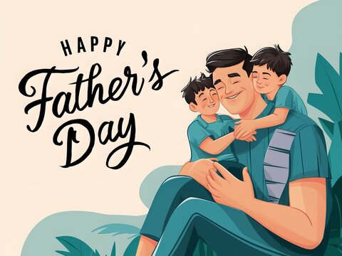 Create a warm and heartfelt ideogram for Father's Day, incorporating symbols of love and motherhood such as a father holding a child, flowers, hearts, and a handwritten note ai generated