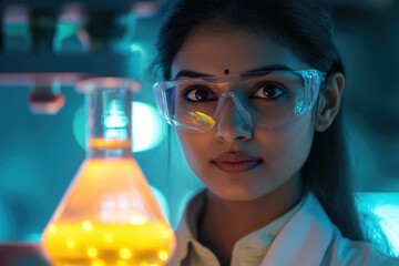Poster - a woman in a lab coat holds a flask with caution
