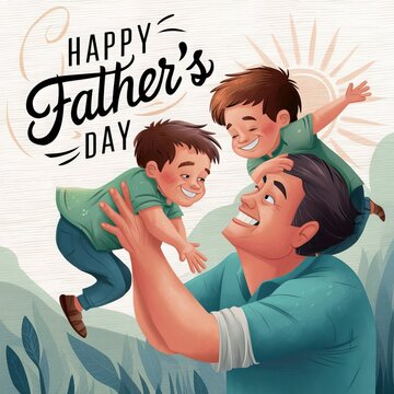 Create a warm and heartfelt ideogram for Father's Day, incorporating symbols of love and motherhood such as a father holding a child, flowers, hearts, and a handwritten note ai generated