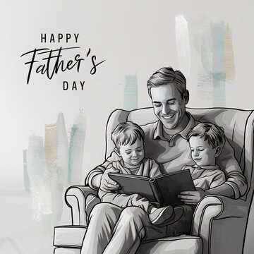 Create a warm and heartfelt ideogram for Father's Day, incorporating symbols of love and motherhood such as a father holding a child, flowers, hearts, and a handwritten note ai generated