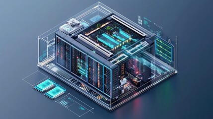 Poster - Futuristic Data Center Illustration with Digital Displays and Servers