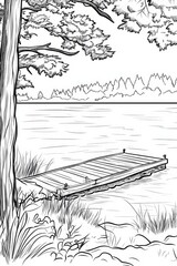 Canvas Print - Serene Lakeside Dock Scene . Children coloring page