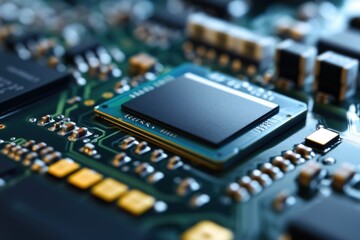 Poster - a high-quality close-up image of a computer motherboard, useful for tech-related projects and presen