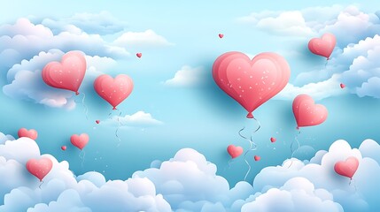 Canvas Print - Pink heart-shaped balloons float amidst fluffy clouds in a dreamy sky.