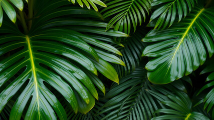 Wall Mural - Monstera and palm leaves jungle texture