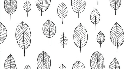 Poster - Black and White Hand-Drawn Leaf Patterns on a Clean Background