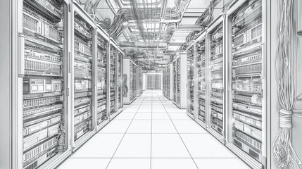 Poster - Detailed Diagram of a High-Tech Server Room with Data Cables