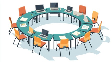 Poster - Collaborative Workspace with Laptops and Chairs in Circular Arrangement