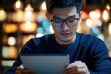 Poster - a person looking at a tablet device, suitable for technology and work related concepts