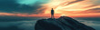 © Keopaserth - person stands on rocky cliff, gazing at vibrant sunset over clouds, evoking sense of wonder and reflection