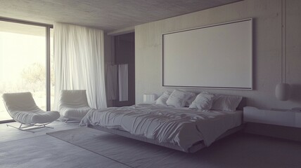 Poster - A modern minimalist bedroom with muted colors, concrete walls, a large bed, and plenty of natural light creating a serene atmosphere, with blank frame for art mockup, AI generated