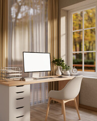 Canvas Print - a beautiful, contemporary office or home office features a computer and decor on a desk.