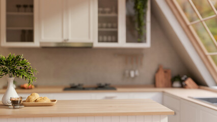 Wall Mural - A close-up of a minimalist hardwood kitchen island, set in a minimalist, contemporary kitchen.