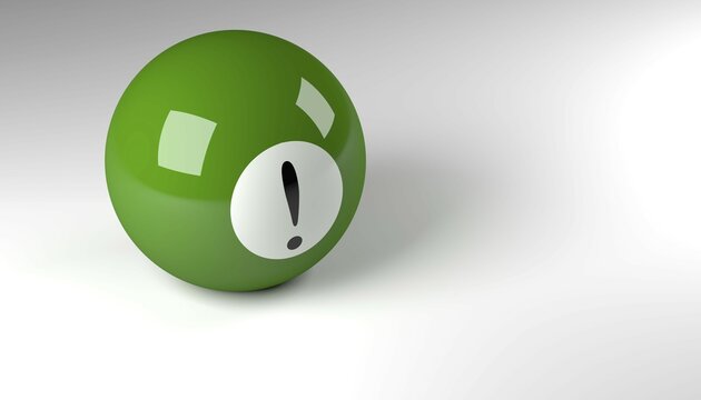 Close up of a green pool ball with an exclamation mark, Q and A or FAQ concept with space for text, 3d rendering