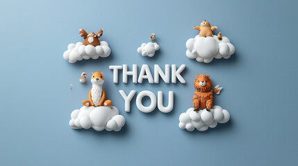 Poster - Thank you for your support with this charming 3D animated scene featuring adorable animals sitting on fluffy clouds, expressing gratitude with cheerful THANK YOU message