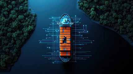 Poster - large cargo ship with orange containers is docked by river, surrounded by lush greenery. scene features digital hologram effect, emphasizing modern technology in shipping