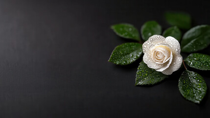 Aufkleber - beautiful close up shot of single white rose with droplets of water on its petals, surrounded by lush green leaves, creating serene and elegant atmosphere