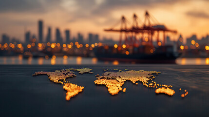 Poster - stunning aerial view of world map made of glowing dots, set against sunset lit port with cranes and blurred city skyline in background, evokes sense of global connectivity