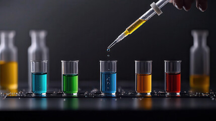 Poster - Close up of researcher using pipette to add liquid to colorful test tubes in laboratory setting, showcasing vibrant colors and scientific experimentation