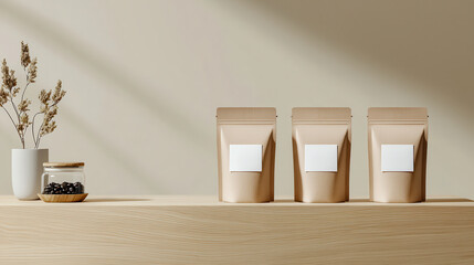 Leinwandbilder - Neatly arranged light brown packaging bags on wooden shelf with vase and jar. minimalist design creates calm and organized atmosphere