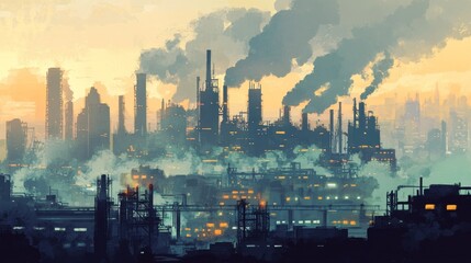 A striking industrial landscape with smokestacks silhouetted against a vibrant sunset. Smoke and haze fill the air, showcasing urban industry and its environmental impact.