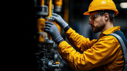 Poster - focused engineer in safety helmet and gloves inspects machinery components in industrial setting, showcasing precision and attention to detail