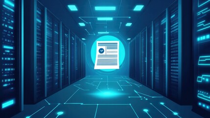 Poster - Digital Payroll Management: A futuristic server room setting with a holographic icon depicting a payroll document.
