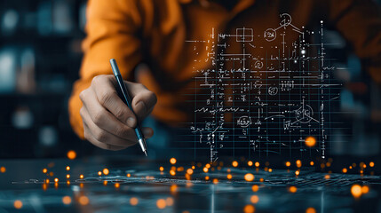 Aufkleber - person drawing mathematical symbols and diagrams with pen, surrounded by glowing particles, showcasing creativity and innovation in conceptual workspace