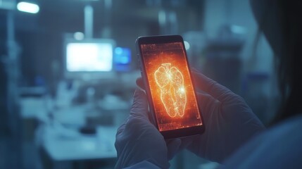 Poster - Close up of female doctor hand holding mobile phone with abstract glowing medical cardiology interface on blurry hospital background. Hi-tech technology and medicine of the future concept.