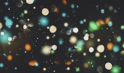 Poster - Flying particles on black background, bokeh texture, blurred festive lights, glittering confetti burst out, shiny speckles, orange green blue white colors