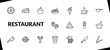 © Abstract - outline restaurant icons set. editable linear piece of cheese, fresh tomato, plate of spaghetti, and other 15 icons in this category isolated on transparent background.