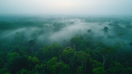 Poster - Dense mist envelops a vibrant rainforest canopy, where towering trees reach towards the sky. The tranquility of dawn reveals the rich hues of green and the whispers of nature awakening